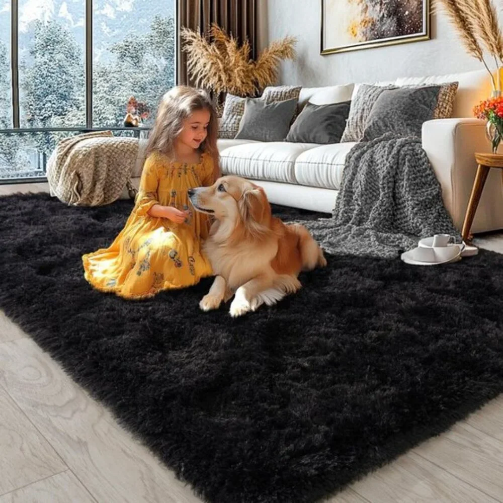 New 8x10 Black Shaggy Area Rug, Soft Washable Plush Carpet for Home & Room Decor